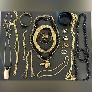 Vintage Jewelry Lot Black & Gold Statement Necklace Earrings Bracelets Chains